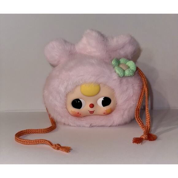 Baby Three Lucky Drawstring Bag Pink With Rolling Boba Eyes Green Flower - Picture 2 of 2